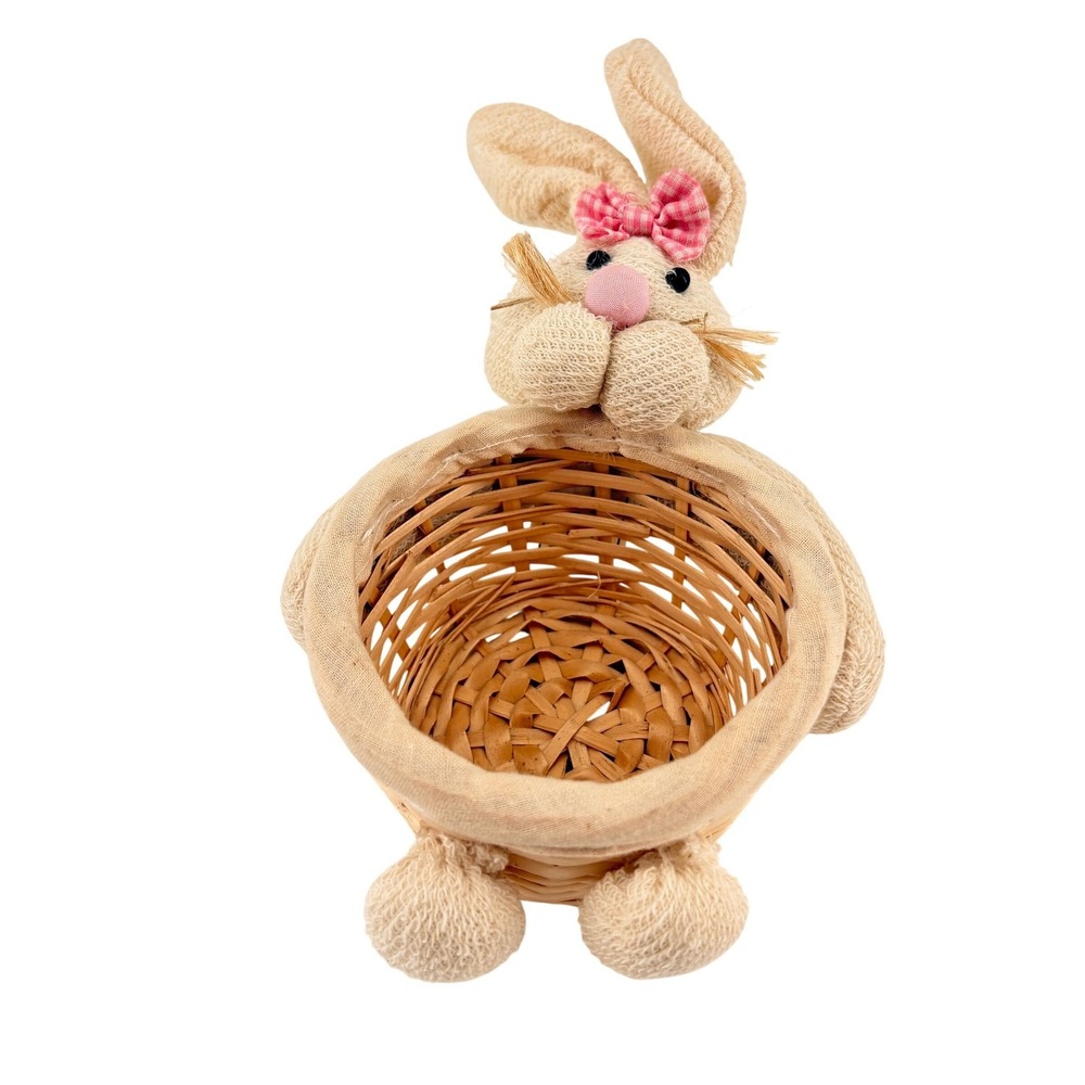 Miniature Easter Bunny Wicker Basket 4" Burlap Rabbit Pink Gingham Bow Decor